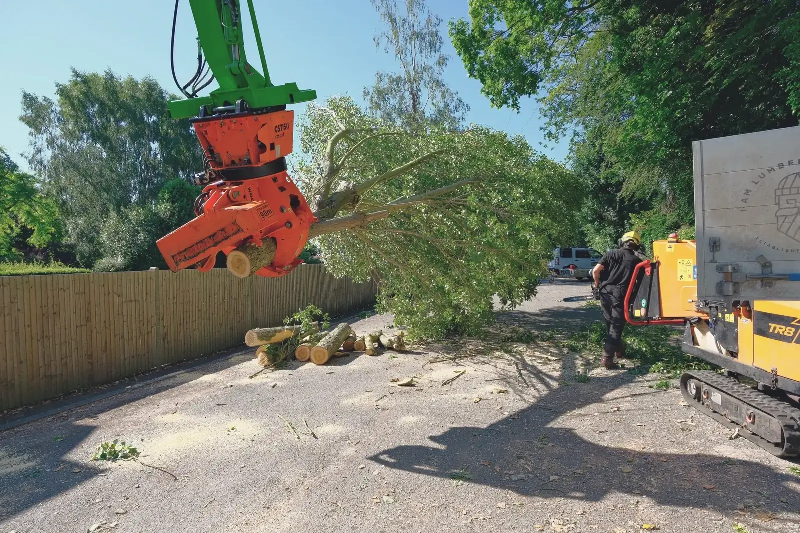 Crane grab lifting a felled tree onto the road