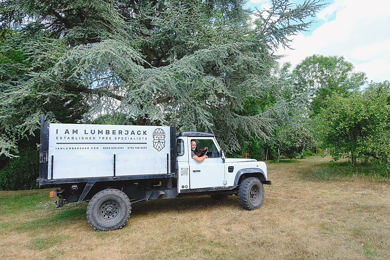 Our Land Rover tipper beside a cedar
